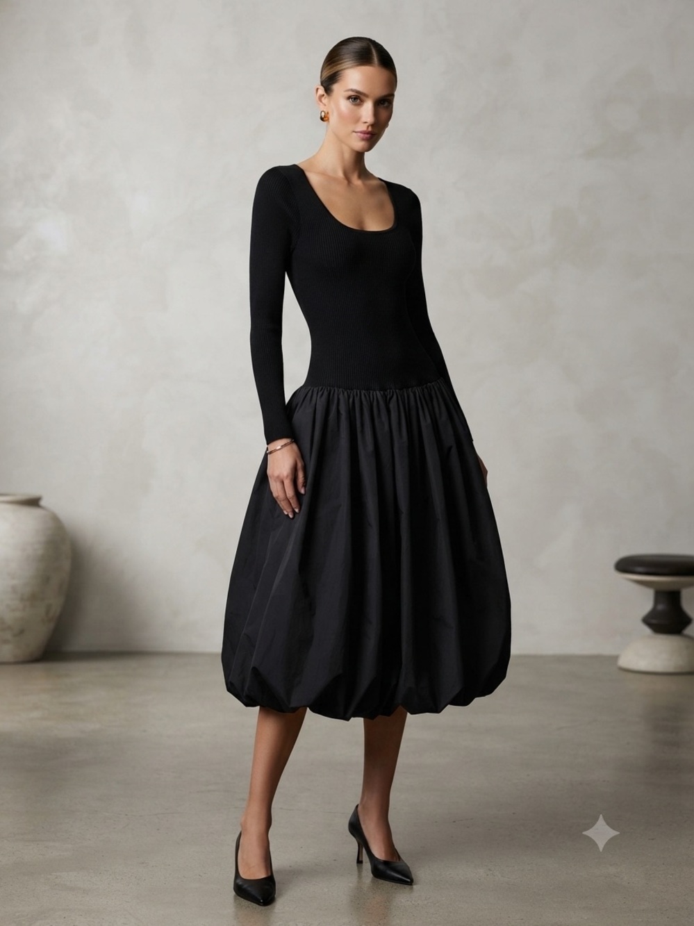 En Saison Black Mixed Media Ribbed Bubble Hem Midi Dress - Size S